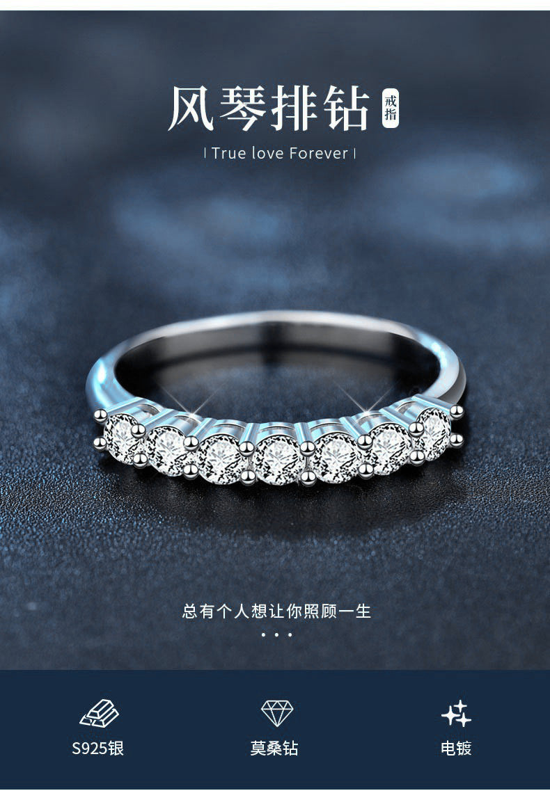 S925 Sterling Silver Moissanite Ring, Diamond Closed Ring, Seven Princess Moissanite Ring, Tail Ring