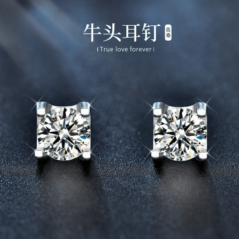 2024 New Stud Earrings 925 Sterling Silver Korean Style Women's Earrings Simple Moissanite Diamond Bull Head Earrings Retro Temperament Jewelry