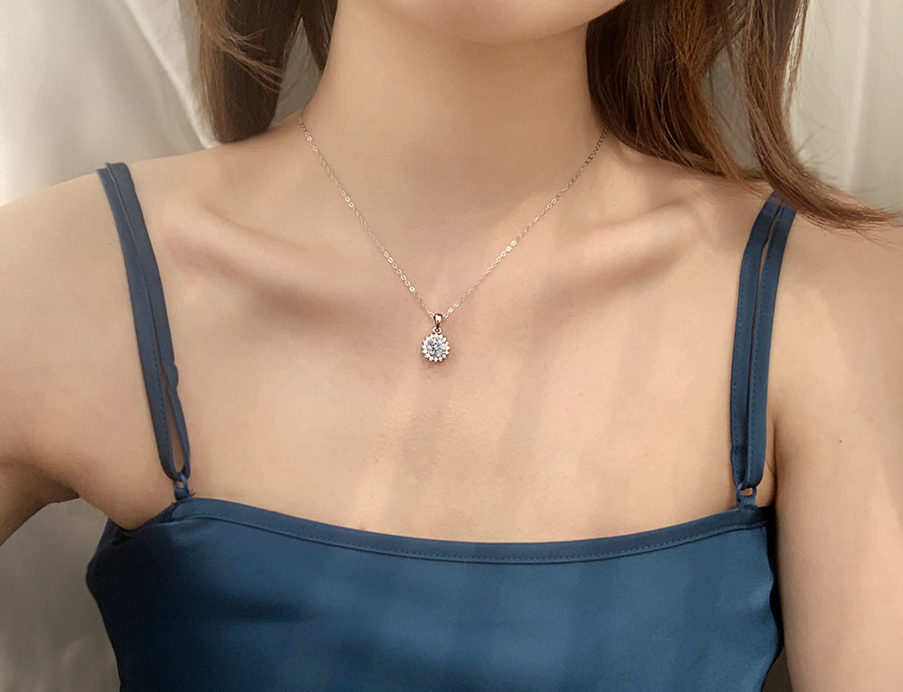 Moissanite 925 Sterling Silver Sunflower Necklace, European and American Flower Pendant, Cross-border Clavicle Necklace for Women