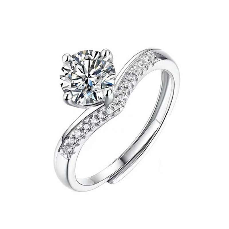925 Sterling Silver Women's Princess Crown 1 Carat Moissanite Ring Fashion Open Ring V-shaped Heart Ring