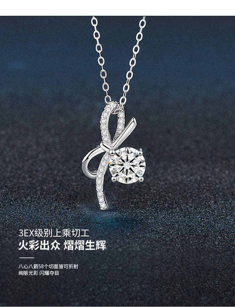 S925 Sterling Silver Luxury Bow Pendant Moissanite Necklace for Women, Unique Design, High-end Style, Cross-border Accessories