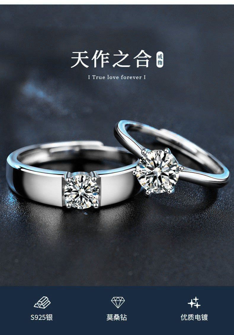 925 Silver Couple Ring, Unisex, Colorfast, Adjustable Matching Ring, High-end Moissanite Six-Prong Ring