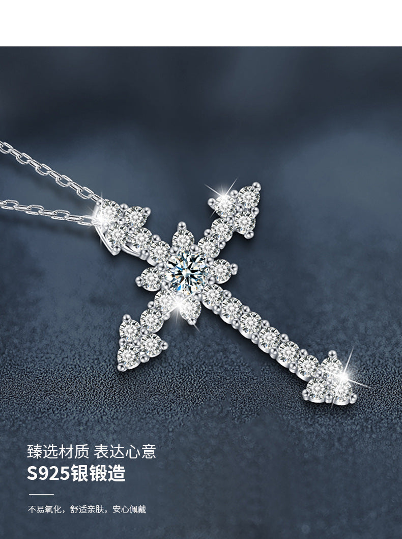 Cross-border jewelry, Moissanite S925 Sterling Silver Full Set Cross Necklace Pendant, European and American Exaggerated Moissanite Agate