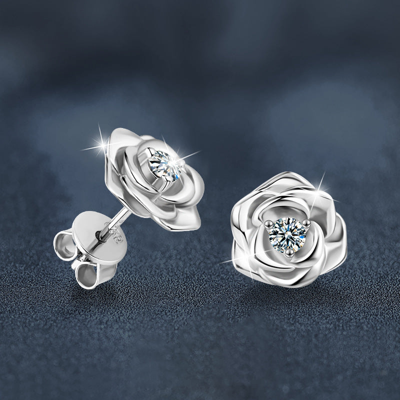 Moissanite Rose Earrings S925 Sterling Silver Niche Temperament Light Luxury High-End Earrings for Women