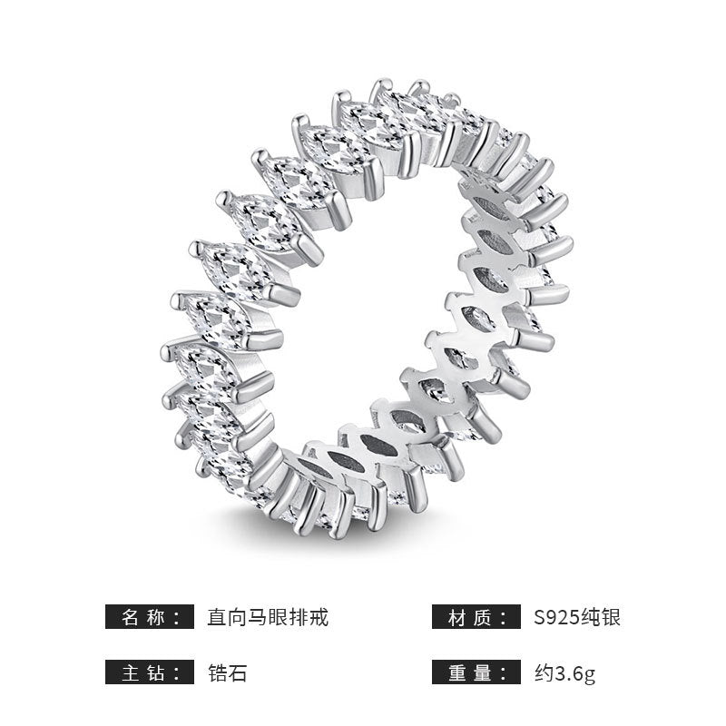 Micro-paved Zircon Ring 925 Silver Jewelry Design Marquise Row Ring European and American Ring Women's Non-fading Cross-border Hot Style