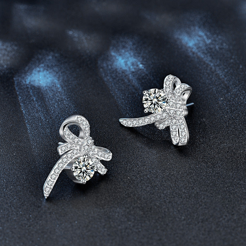 Original jewelry earrings, Korean simple and delicate earring pins, girls' 925 silver needle, elegant moissanite bow earring accessories