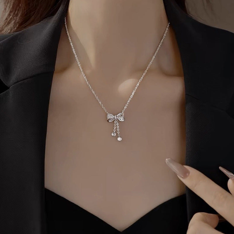 Women's Moissanite Jewelry Necklace 925 Silver Tassel Bow Pendant Luxury Collar Chain