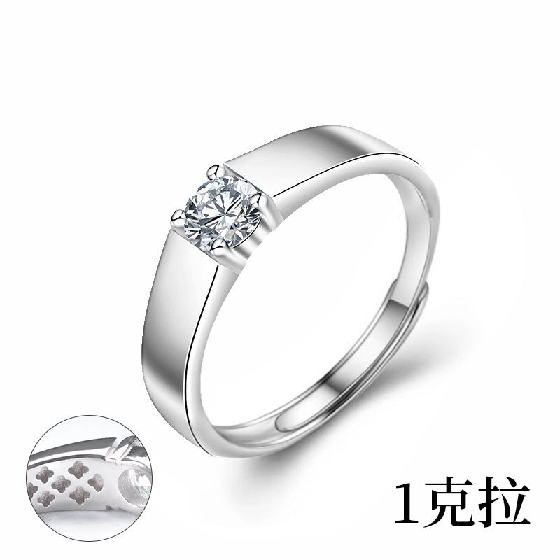 925 Sterling Silver Men's Platinum-tone Moissanite Ring Korean Style Polished Simple Open Ring Trendy Jewelry Couple