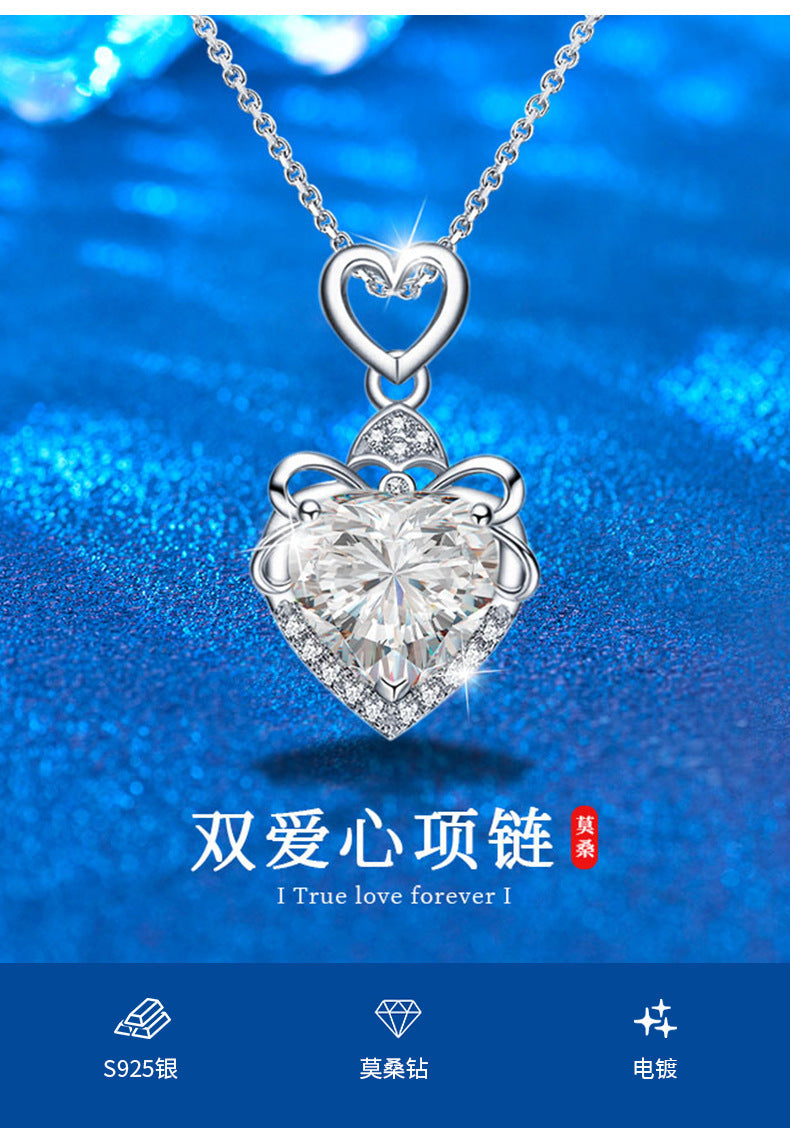 Cross-border jewelry 925 pure silver necklace for women, high-end luxury moissanite heart pendant collar chain
