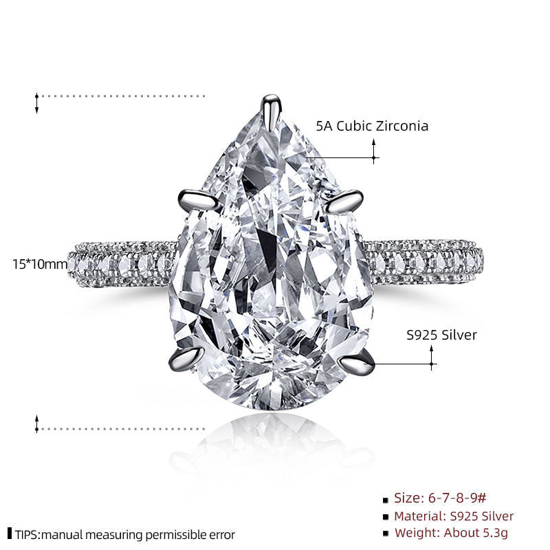 925 Sterling Silver Teardrop Tapered Zircon Ring Women's Exaggerated Personality Dove Egg Five-Claw Diamond Ring Platinum Cross-Border Jewelry