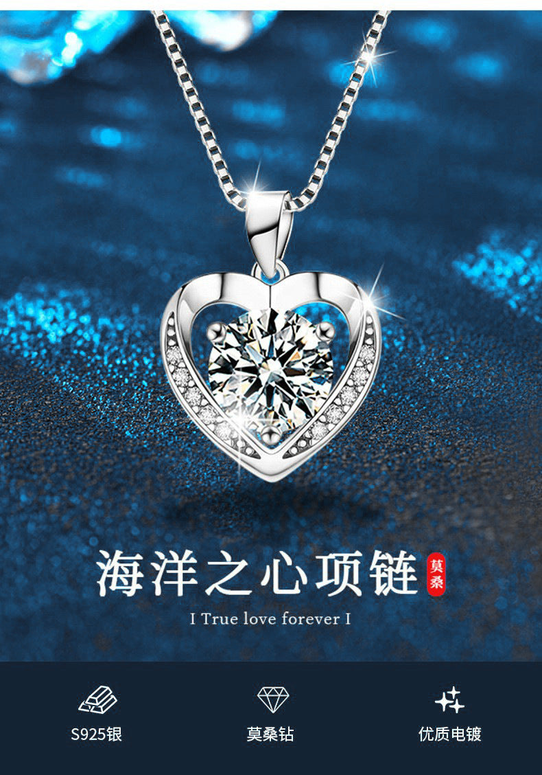 Moissanite necklace jewelry for women, high-end 925 silver heart pendant collar chain