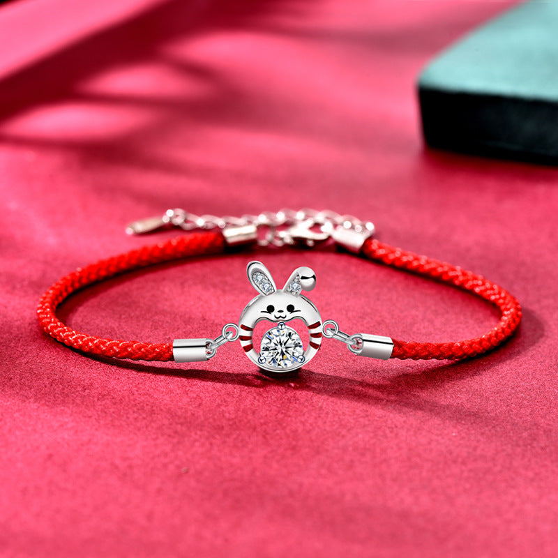 Moissanite Diamond Lucky Rabbit Couple Wristband 925 Pure Silver Bracelet High Version National Trend Zodiac Rabbit Year of Birth Ornament