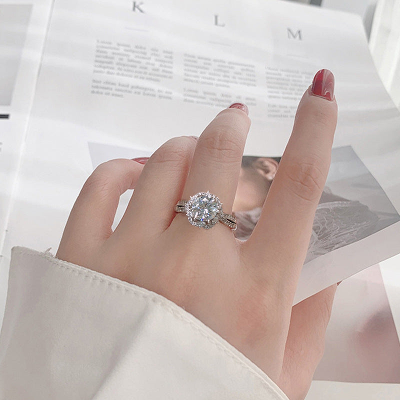 925 Sterling Silver Ring, Non-Fading, High-End Minimalist Style, Moissanite Open Ring, European and American Cross-Border Jewelry