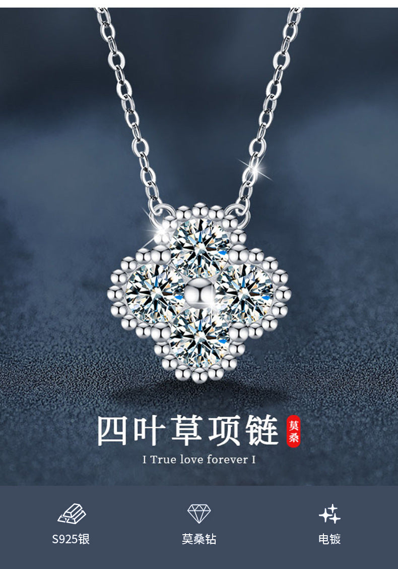925 Sterling Silver Moissanite Four-leaf Clover Necklace, Color-fast High-grade Pendant Collar Chain Cross-border Popular Jewelry Item