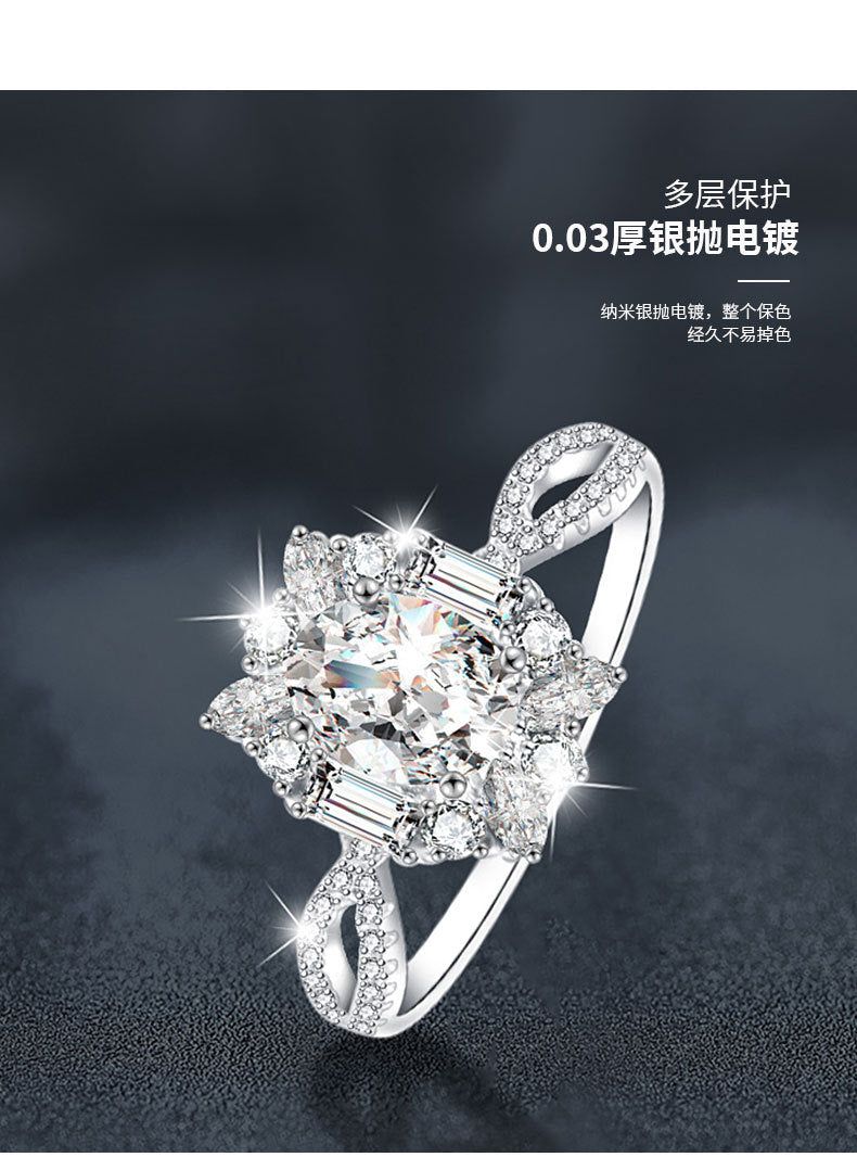 Women's Moissanite Ring, 925 Sterling Silver Oval Pigeon Egg Shape Simulated Diamond Ring, Platinum-tone Color, Cross-border Accessories