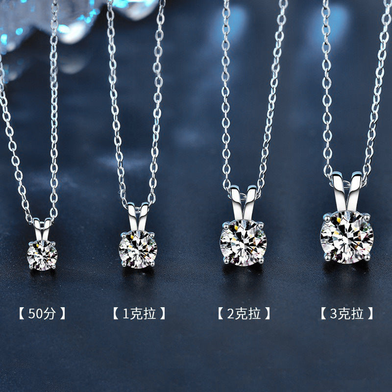 Moissanite 925 Sterling Silver Necklace for Women, Korean and Japanese Small Design Four-Claw Pendant, Simple Clavicle Necklace Jewelry Ins