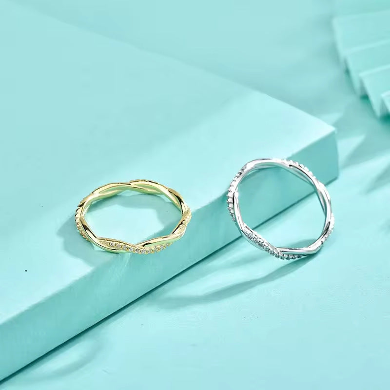 Hot-selling foreign trade 925 pure silver twisted rope ring with zirconia and rhodium plating, cross-border hit in Europe and America