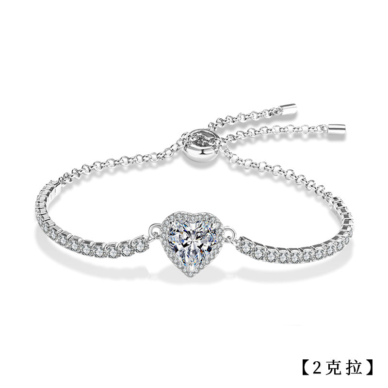 s925 Sterling Silver Heart Bracelet for Women, Simple and Versatile Silver Bracelet with Moissanite Inlay, Cross-border Jewelry