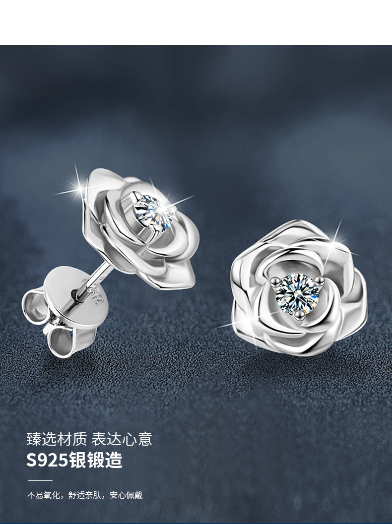 Moissanite Rose Earrings S925 Sterling Silver Niche Temperament Light Luxury High-End Earrings for Women