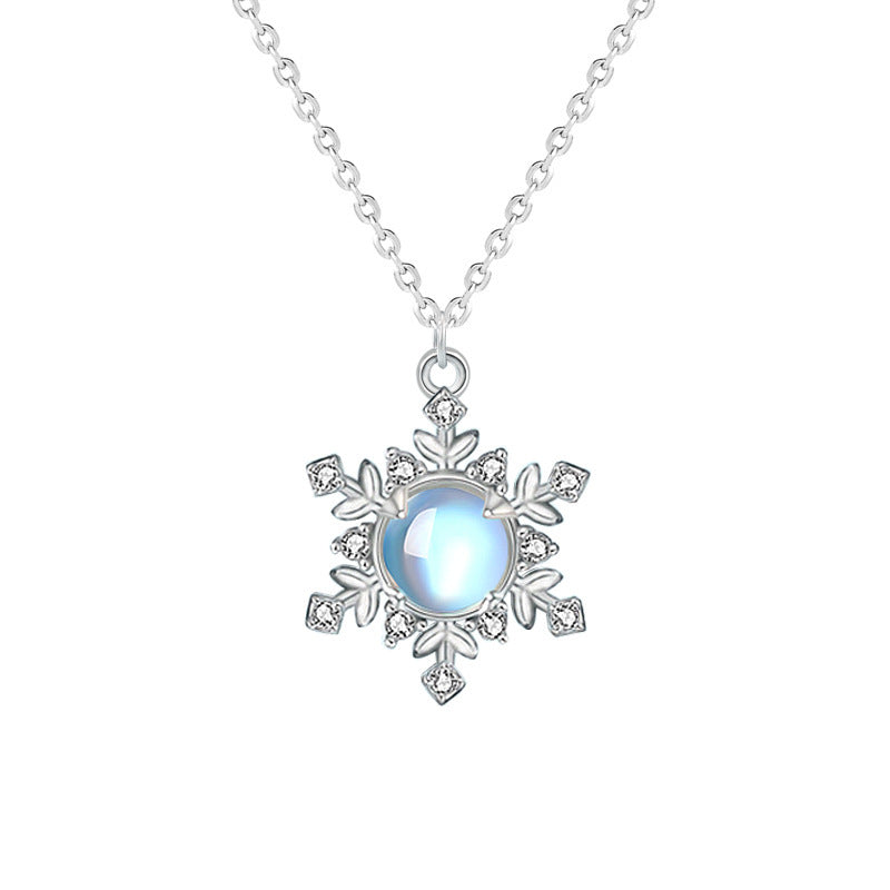 Moonstone Snowflake Necklace for Women, S925 Sterling Silver Pendant, Korean Style Fresh Clavicle Necklace, Christmas Gift Jewelry