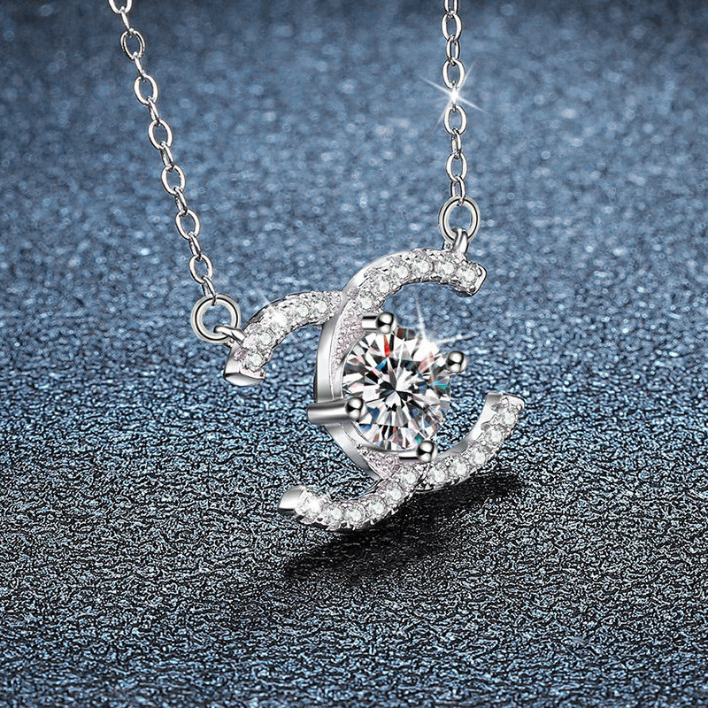 Cross-border New 925 Sterling Silver Necklace Chanel Style Double C Clavicle Chain Moissanite Pendant 1 Carat D Color