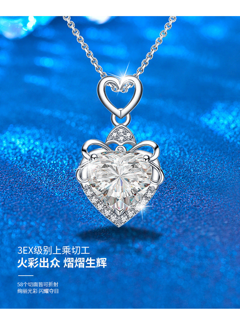 Cross-border jewelry 925 pure silver necklace for women, high-end luxury moissanite heart pendant collar chain