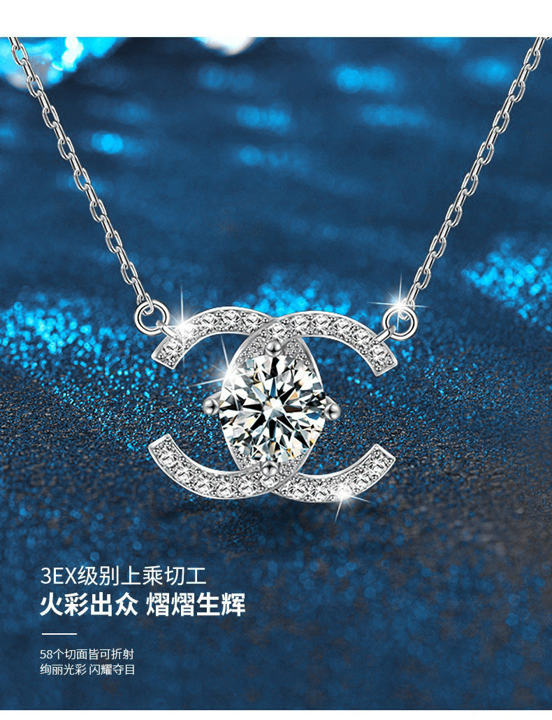Cross-border New 925 Sterling Silver Necklace Chanel Style Double C Clavicle Chain Moissanite Pendant 1 Carat D Color