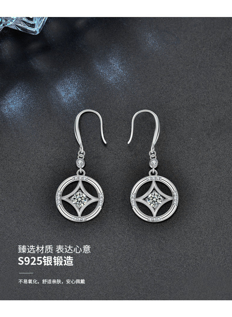 925 Silver Chinese Retro Earrings Copper Coin Tassel Earrings New Moissanite Stud Earrings Simple and Versatile Accessories