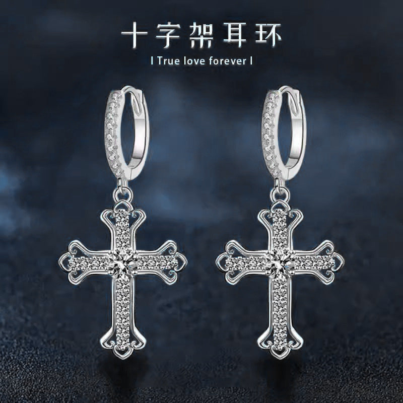 Wholesale 925 sterling silver earrings for women, new Moissanite cross ear buckles, trendy and high-end earrings with an ins style