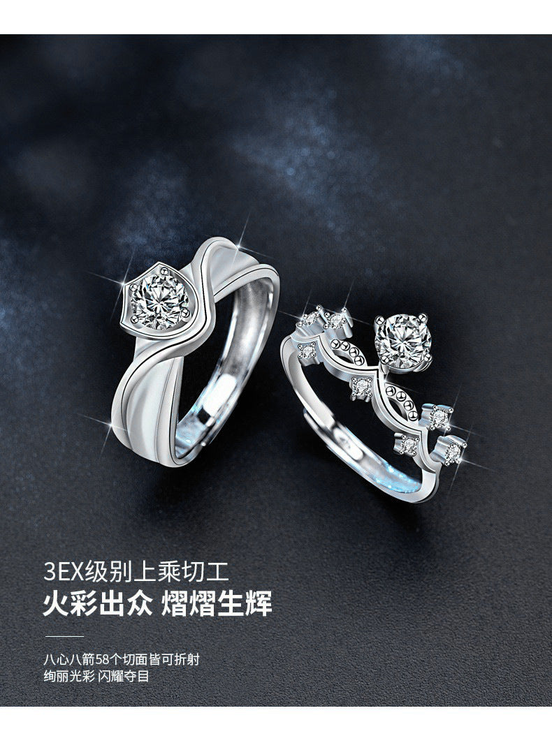 Original Princess and Knight Couple Rings Moissanite S925 Sterling Silver Rings Open Wedding Rings Jewelry Engraving