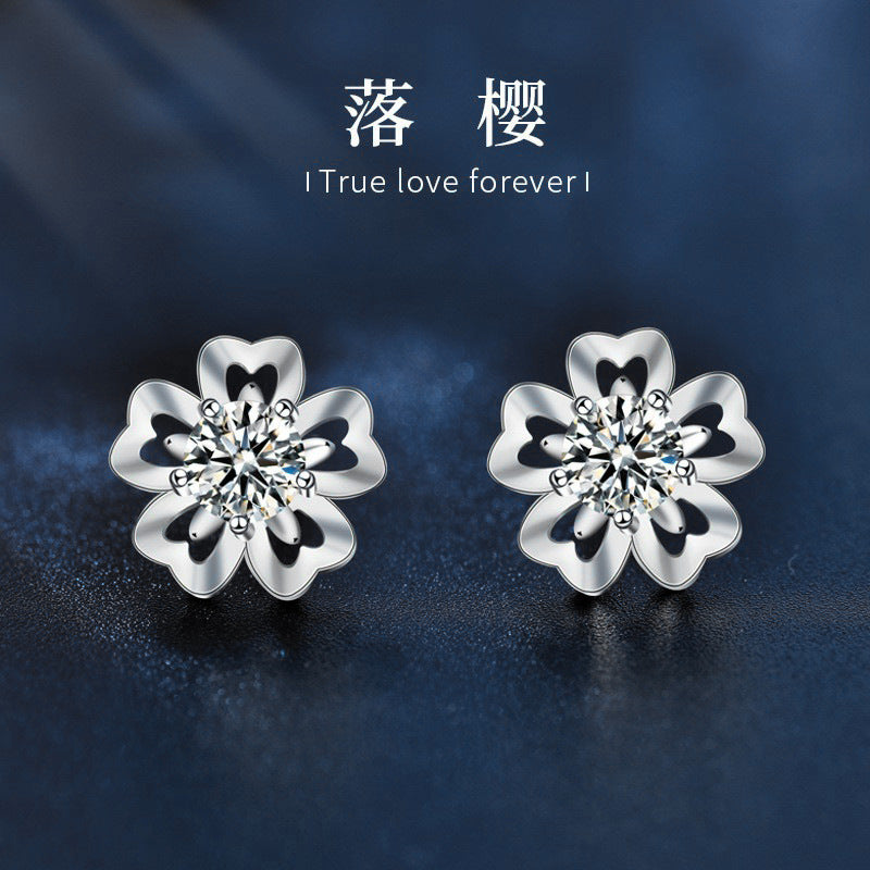 Sakura Stud Earrings for Women, Summer Literary Style, Moissanite Diamond Earrings, New Original 925 Silver Needle Fairy Flower Earrings
