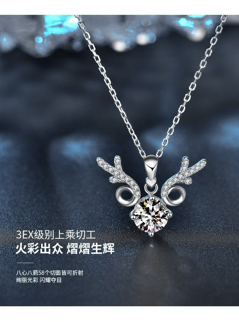 "All the Way Deer" 925 Sterling Silver Moissanite Pendant Necklace Women's INS Simple Clavicle Chain Christmas Gift Jewelry