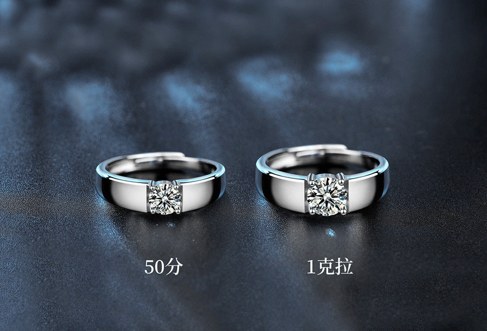 925 Sterling Silver Men's Platinum-tone Moissanite Ring Korean Style Polished Simple Open Ring Trendy Jewelry Couple