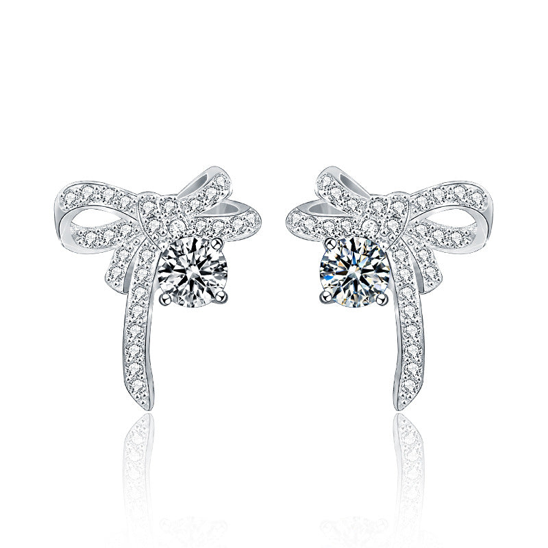 Original jewelry earrings, Korean simple and delicate earring pins, girls' 925 silver needle, elegant moissanite bow earring accessories