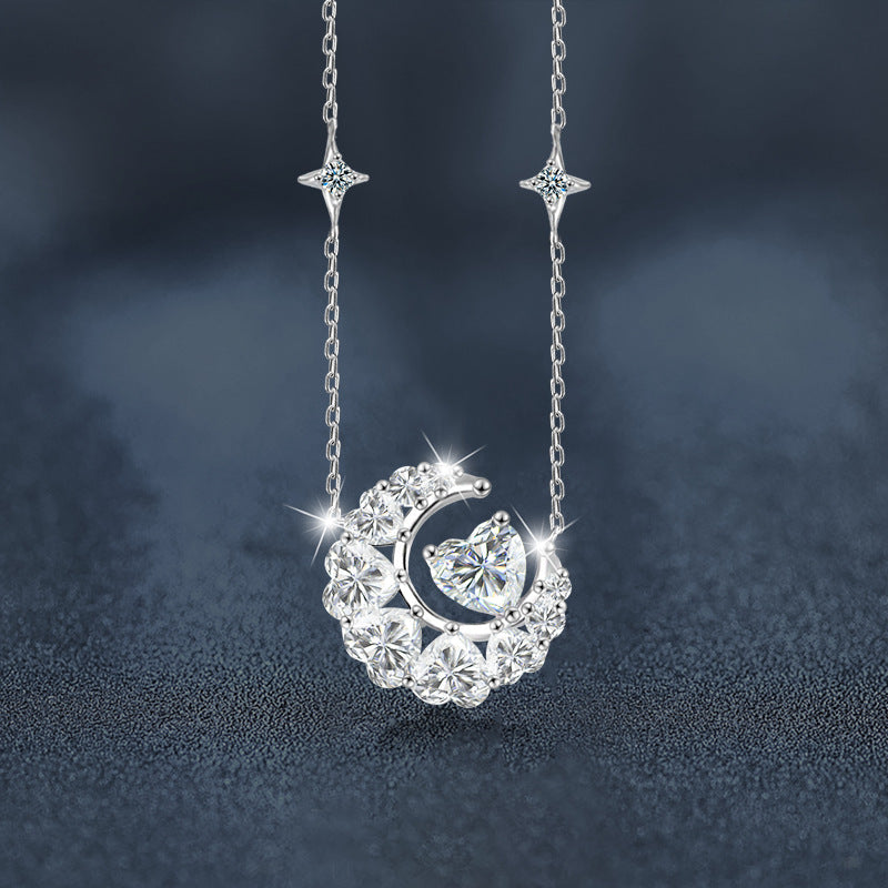 925 Silver Moissanite Star and Moon Necklace, Colorfast, Women's Design, Autumn and Winter High-end Heart Collar, Ins Unique