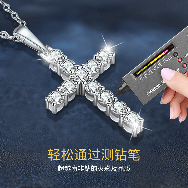 Moissanite 925 Sterling Silver Cross Necklace Pendant Women's Cross-border European and American Jewelry Wholesale Clavicle Chain Simple and Versatile