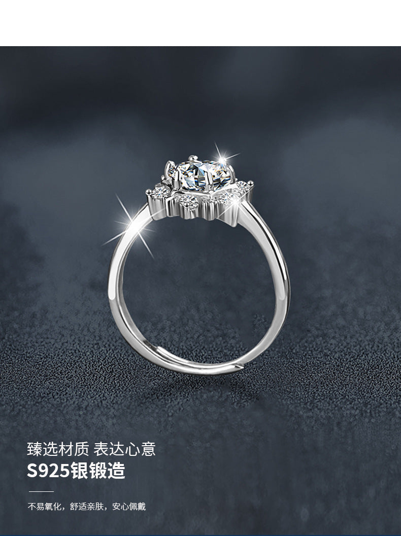 Moissanite Diamond S925 Sterling Silver Snowflake Ring, Women's Unique Style, Lightweight Luxury, High-end Design Ring, Cross-border Accessories