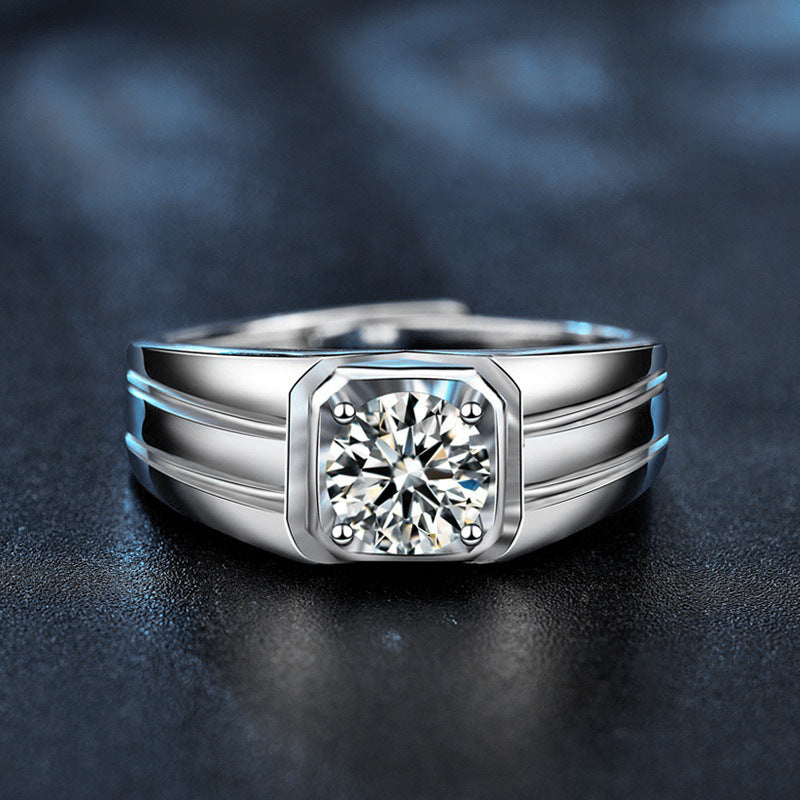 Moissanite 925 Sterling Silver Ring for Men, Simple Open Diamond Ring, Fashionable and Personalized Finger Ring Jewelry, Gift for Boyfriend