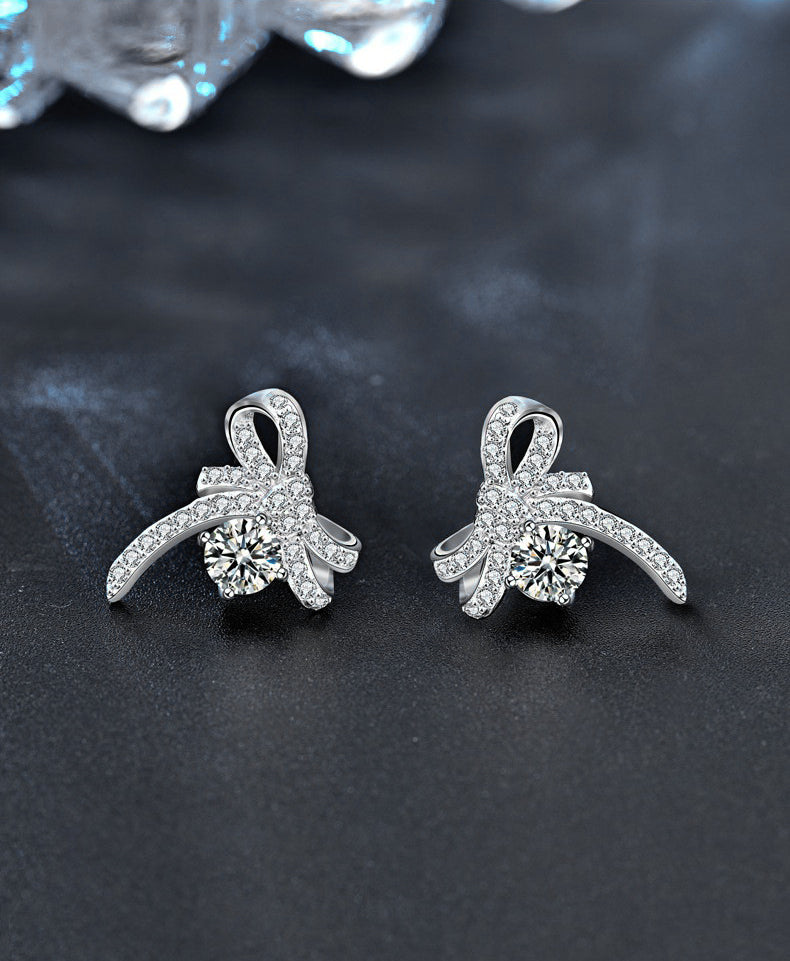 Original jewelry earrings, Korean simple and delicate earring pins, girls' 925 silver needle, elegant moissanite bow earring accessories