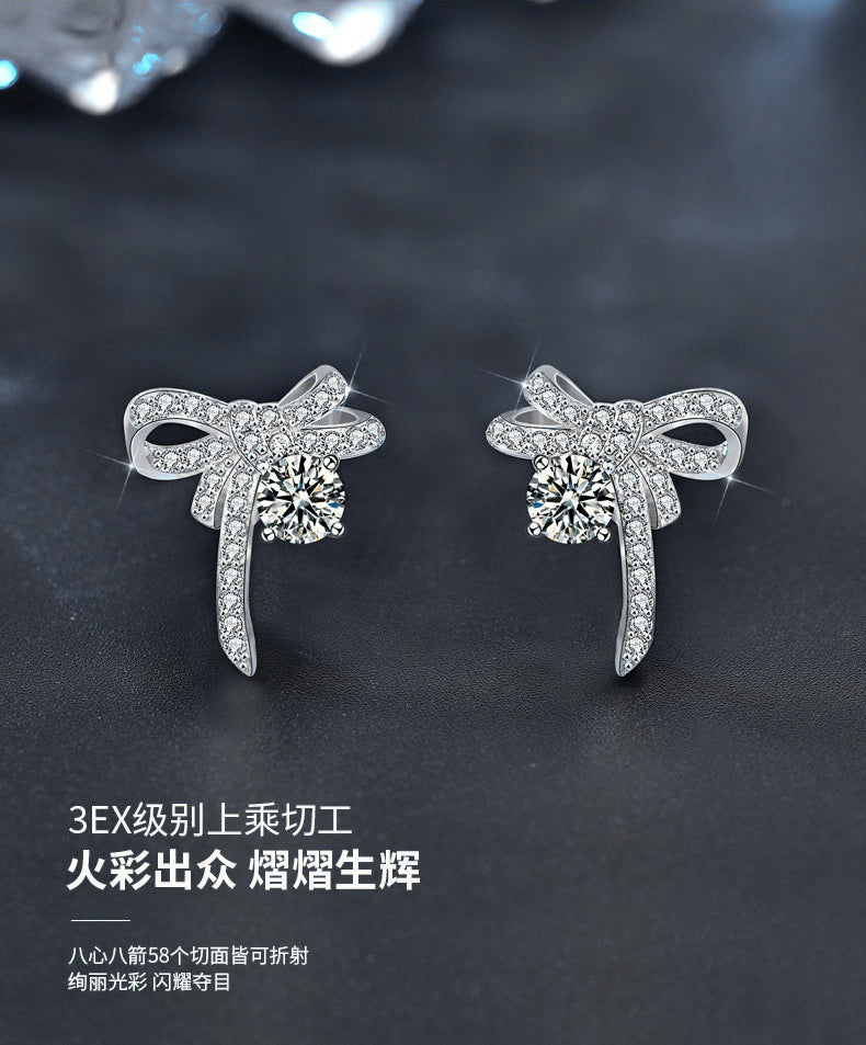 Original jewelry earrings, Korean simple and delicate earring pins, girls' 925 silver needle, elegant moissanite bow earring accessories