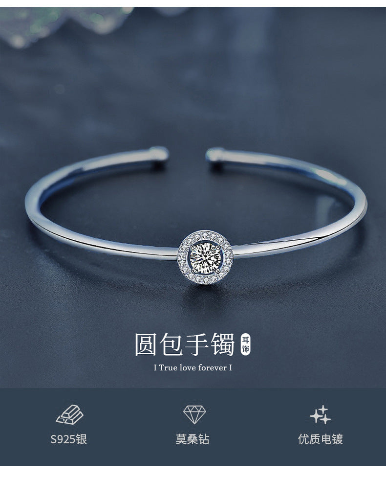 Moissanite 925 Sterling Silver Bracelet Women's Jewelry Simple Open Bangle Silver Jewelry Wholesale Bracelet Round Bangle Ins