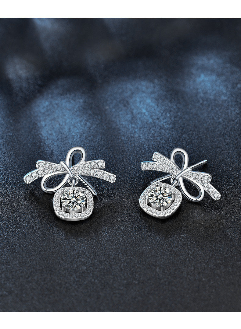 Original 925 Sterling Silver Bow Stud Earrings for Women, Simple Ins Style Moissanite Drop Earrings, Exquisite Minimalist Silver Needle Earrings