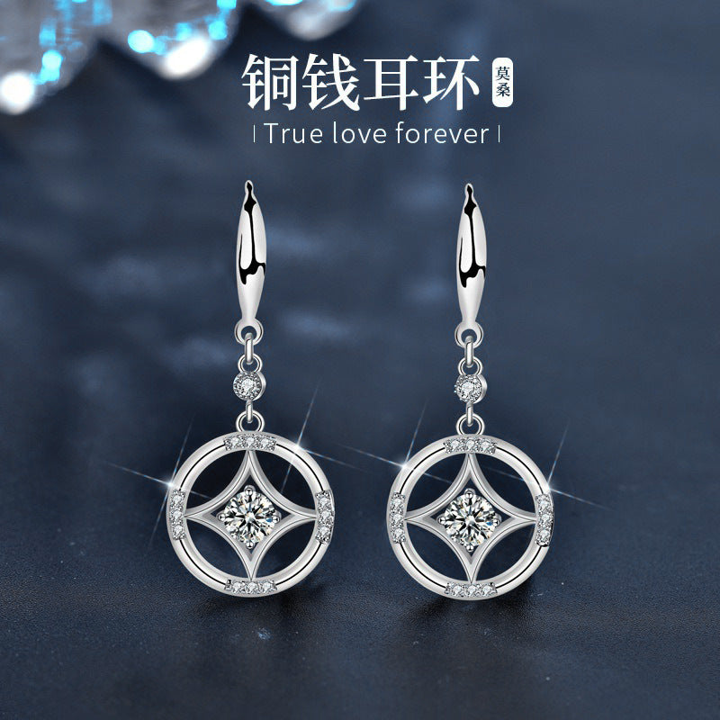 925 Silver Chinese Retro Earrings Copper Coin Tassel Earrings New Moissanite Stud Earrings Simple and Versatile Accessories