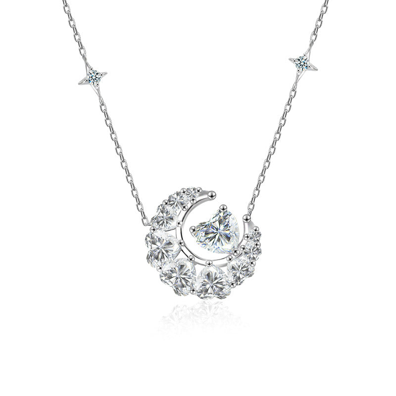 925 Silver Moissanite Star and Moon Necklace, Colorfast, Women's Design, Autumn and Winter High-end Heart Collar, Ins Unique