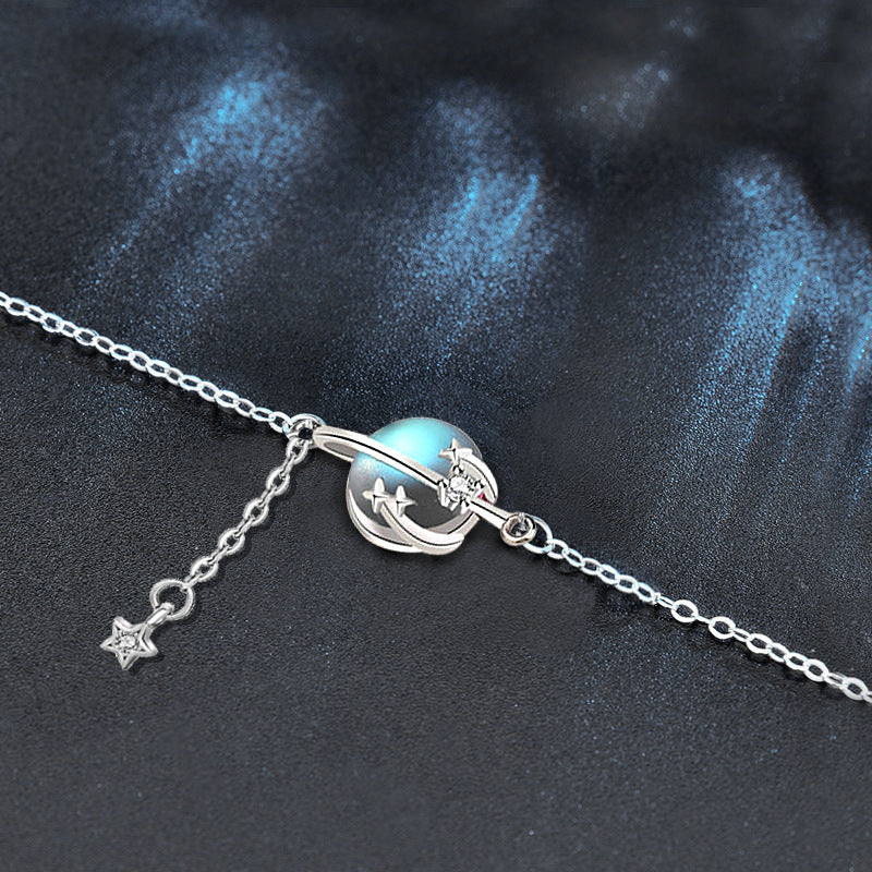 Moonstone Planet Bracelet 925 Sterling Silver Bangle for Women Mori Style Sweet Cute Tassel Small Ornaments
