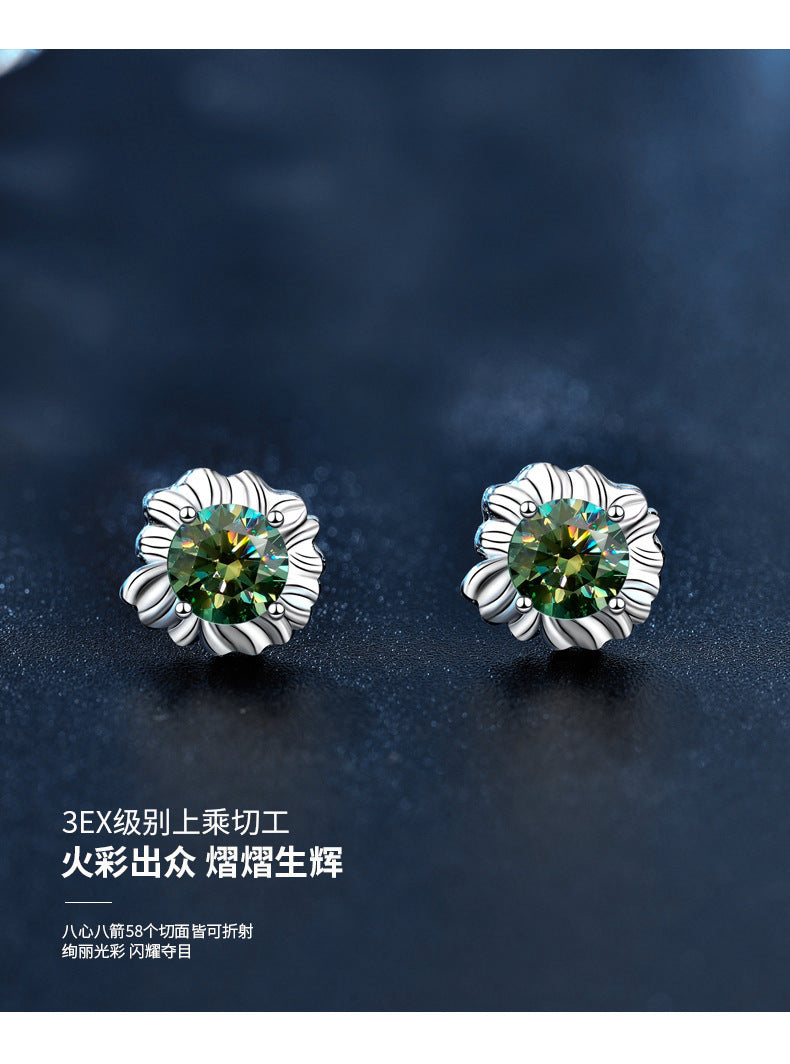 Sunflower 925 Sterling Silver Earrings, Unique Design, Ins-style Cute and Exquisite Green Moissanite Earrings