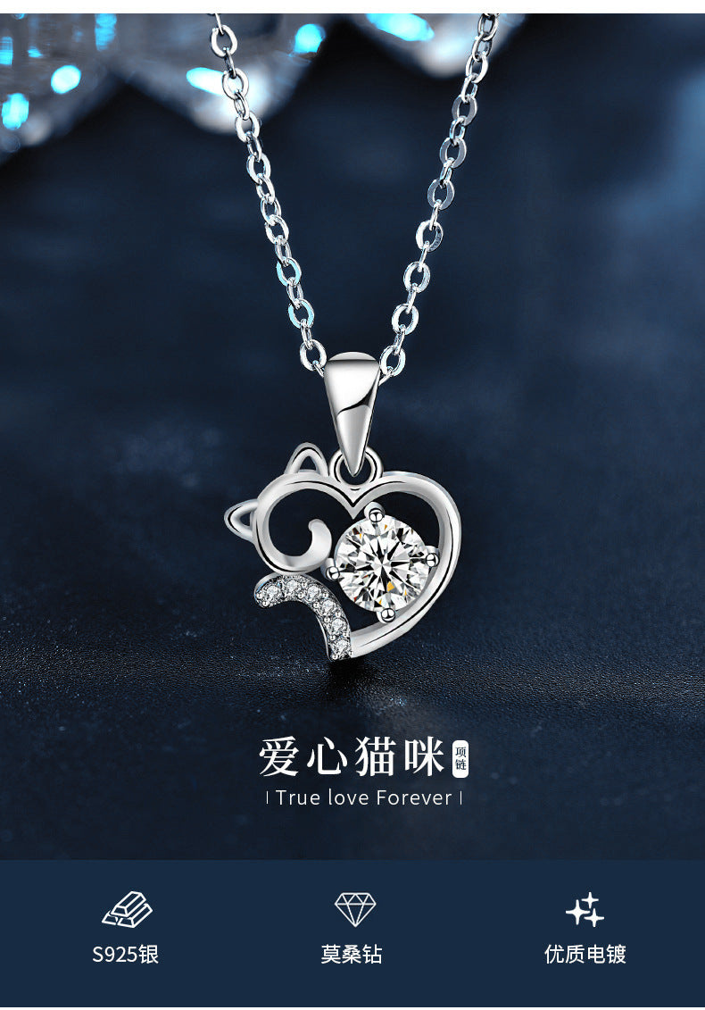 Cute Cat 925 Sterling Silver Necklace Summer Unique Moissanite Collar Pendant Jewelry Birthday Gift for Girlfriend
