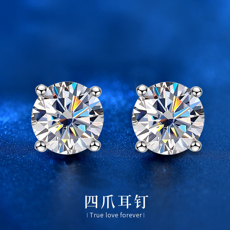New 2 Carat Moissanite Niche Design Celebrity Earrings 925 Sterling Silver Fashion Square Four-Claw Ear Stud Empty Setting