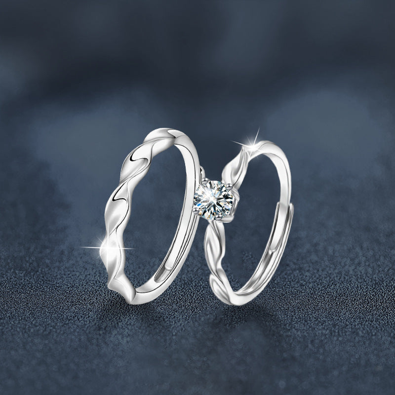 S925 Sterling Silver Braided Moissanite Couple Rings Korean Style Temperament Simple Men and Women Couple Rings Open Adjustable Finger Rings