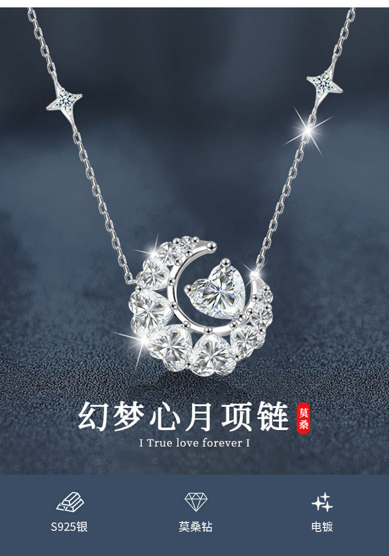 925 Silver Moissanite Star and Moon Necklace, Colorfast, Women's Design, Autumn and Winter High-end Heart Collar, Ins Unique